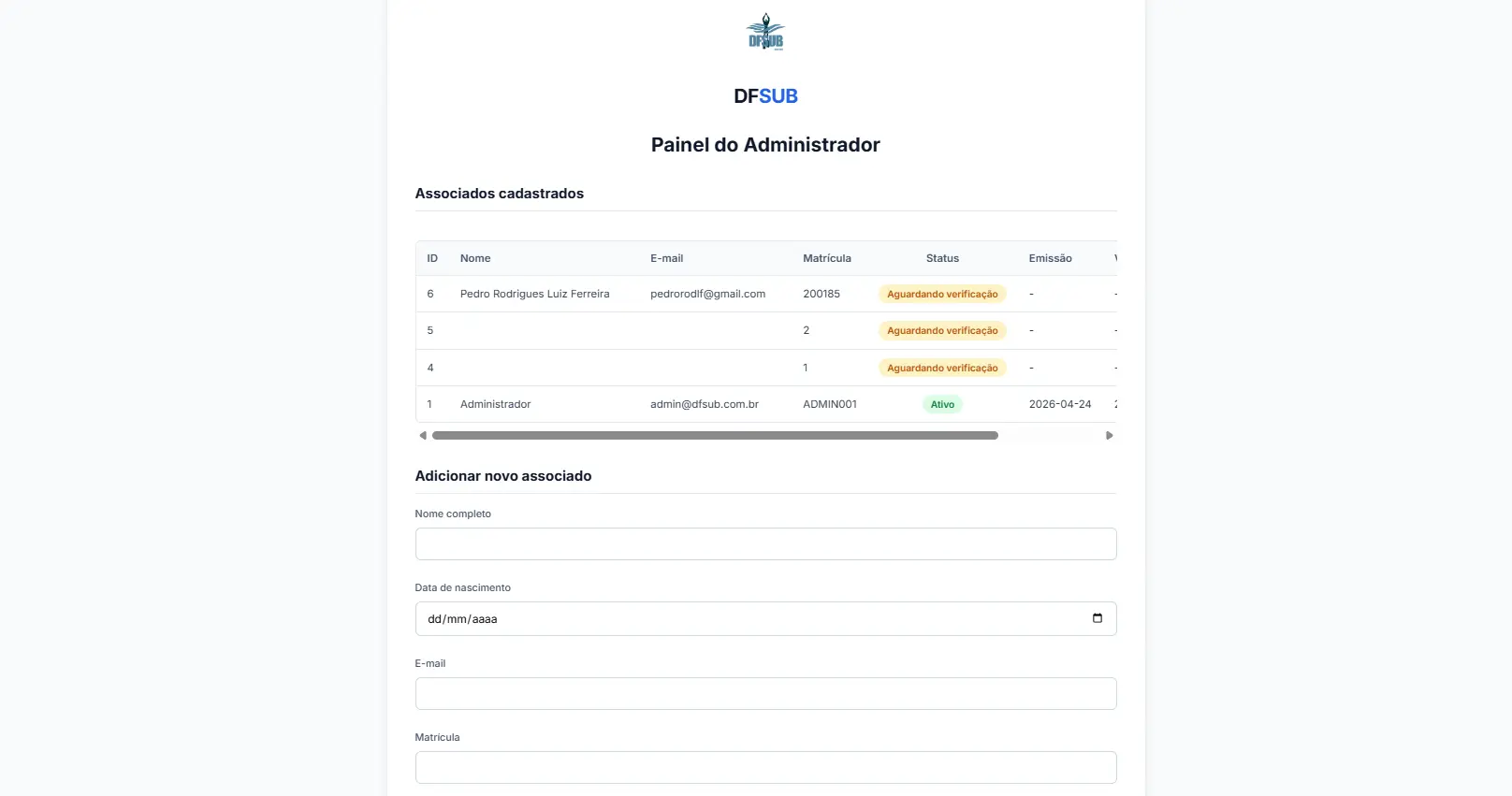 Página de gestão de banco de dados